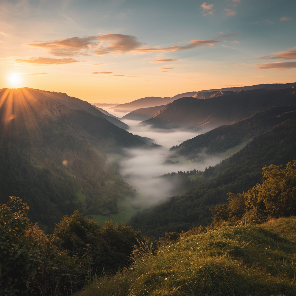 A breathtaking panoramic view of a lush green mountain valley at sunrise with mist rolling over the hills, photorealism, cinematic lighting, no people